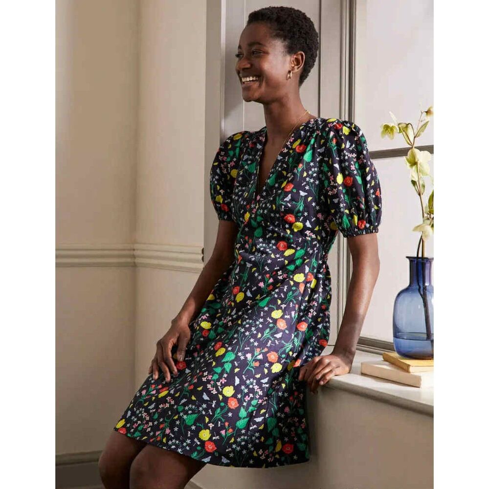 Boden Puff Sleeve Cotton Tea Dress, Navy with Poppies, size 8